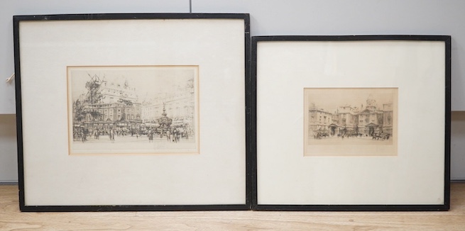 William Walcot RE (Scottish, 1874-1943), two etchings, comprising 'The Reconstruction of Piccadilly' and 'Charing Cross, Newcastle, Doges Palace', each signed in pencil, largest 15 x 21cm. Condition - fair